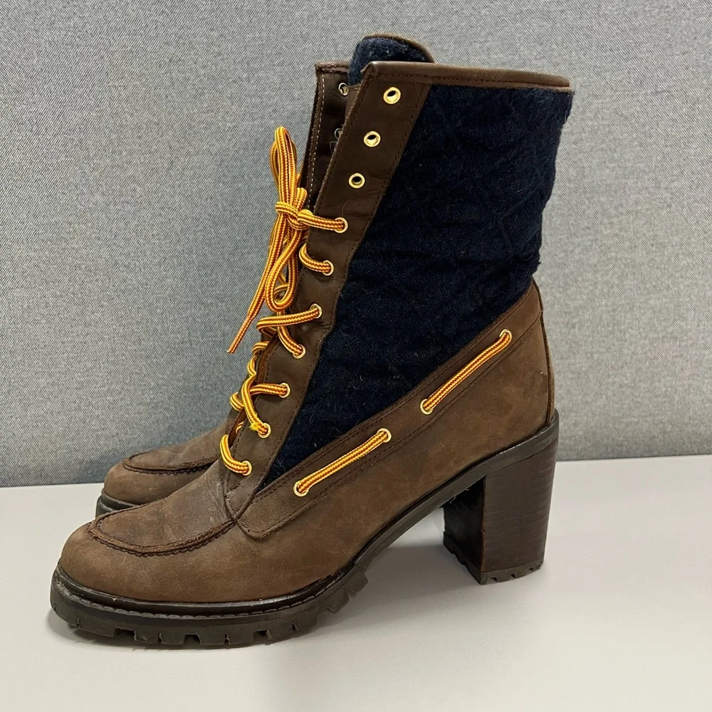 Hunter Henson Boots Navy Quilted Brown Oiled Leather Heeled Size 38 - Picture 3 of 14